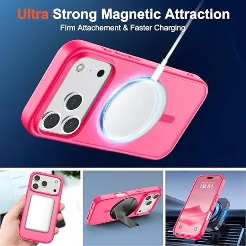 SUPFINE Magnetic for iPhone 17 Pro Max Case (MagSafe bilan mos)(Harbiy darajadagi tushishdan himoya) Yarim shaffof mato zarbga chidamli barmoq iziga qarshi telefon qopqog'i 2025, Hot Pink - 5