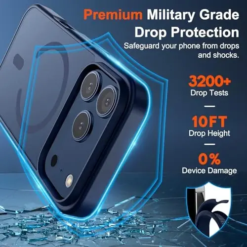 SUPFINE Magnetic for iPhone 17 Pro Max Case with Screen Protector (Compatible with MagSafe)(Military Grade Drop Protection) Translucent Matte Shockproof with Anti-Fingerprint Phone Cover,Dark Blue - 3
