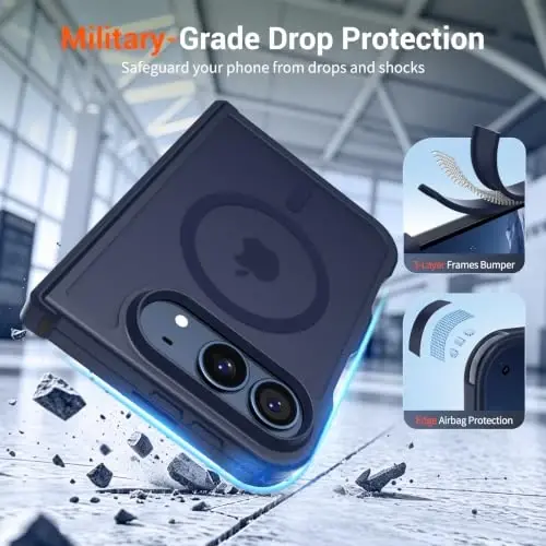 SUPFINE Magnetic for iPhone Duo Case Dark Blue with Full Hinge Potection | With Screen Protector, Translucent Matte, Compatible with MagSafe, Military Grade Drop Proof, Rugged Shockproof Protective - 5