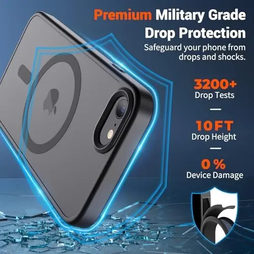 SUPFINE Magnetic for iPhone SE Case 2022 (3rd)/2020 (2nd), iPhone 8 Case (MagSafe bilan mos) (Harbiy darajadagi tushishdan himoya) Translucent Matte Phone Cover, Black - 3