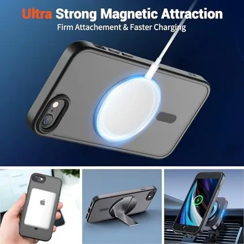 SUPFINE Magnetic for iPhone SE Case 2022 (3rd)/2020 (2nd), iPhone 8 Case (MagSafe bilan mos) (Harbiy darajadagi tushishdan himoya) Translucent Matte Phone Cover, Black - 5