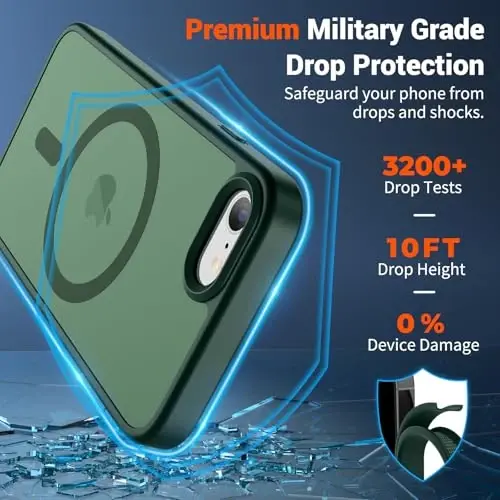 SUPFINE Magnetic for iPhone SE Case 2022 (3rd)/2020 (2nd), iPhone 8 Case (MagSafe bilan mos) (Harbiy darajadagi tushishdan himoya) Yupqa yarim shaffof matli telefon qutisi, O'rmon yashili - 3