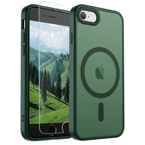 SUPFINE Magnetic for iPhone SE Case 2022 (3rd)/2020 (2nd), iPhone 8 Case (MagSafe bilan mos) (Harbiy darajadagi tushishdan himoya) Yupqa yarim shaffof matli telefon qutisi, O'rmon yashili 