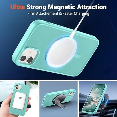 SUPFINE Magnetic iPhone 12 Mini va iPhone 13 Mini uchun g‘ilof (MagSafe bilan mos keladi) (Harbiy darajadagi tushishdan himoya) Yarim shaffof matli zarbaga chidamli telefon g‘ilofi, ko‘k-yashil - 5