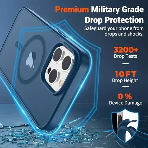 SUPFINE Magnetic iPhone 13 Pro uchun g'ilof (MagSafe bilan mos) (Harbiy darajadagi tushishdan himoya) Yupqa yarim shaffof mat zarbga chidamli barmoq izlariga qarshi telefon g'ilofi, to'q ko'k - 3