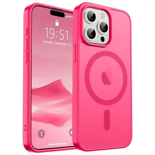 SUPFINE Magnetic iPhone 15 Pro g‘ilofi (MagSafe bilan mos) (Harbiy darajadagi tushishdan himoya) Yupqa yarim shaffof mat zarbaga chidamli telefon qopqog‘i, to‘q pushti rang 