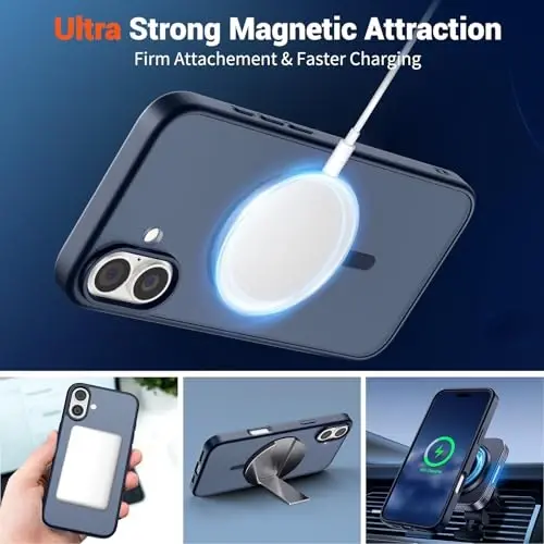 SUPFINE Magnetic iPhone 16 Plus uchun g'ilof, ekran himoyachisi bilan (MagSafe bilan mos keladi) (Harbiy darajadagi himoya) Shaffof matli zarbaga chidamli telefon g'ilofi, To'q ko'k - 3