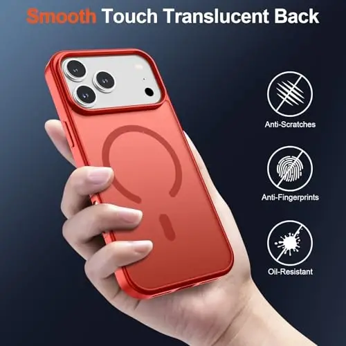 SUPFINE Magnetic iPhone 17 Pro Max uchun g'ilof (MagSafe bilan mos keladi) (Harbiy darajadagi tushishdan himoya) Yarim shaffof mat zarbga chidamli barmoq izlariga qarshi telefon qopqog'i, Qizil - 6