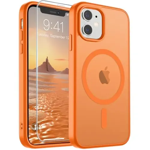 SUPFINE Магнитный чехол для iPhone 11 с защитной пленкой для экрана (совместим с MagSafe) (военный класс защиты от падений), полупрозрачная матовая противоударная накладка, Звездный оранжевый - 1