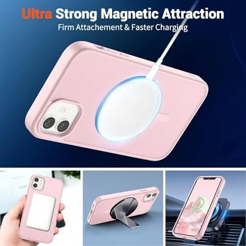SUPFINE Магнитный чехол для iPhone 12 / iPhone 12 Pro с защитной пленкой для экрана (совместим с MagSafe) (защита от падений военного класса), полупрозрачный матовый противоударный чехол для телефона, светло-розовый - 5
