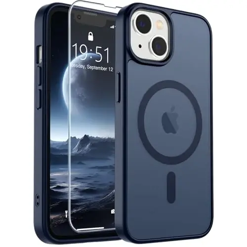 SUPFINE Магнитный чехол для iPhone 14 и iPhone 13 с защитным стеклом (совместим с MagSafe) (Армейская защита от падений) Полупрозрачный матовый ударопрочный чехол для телефона, темно-синий 