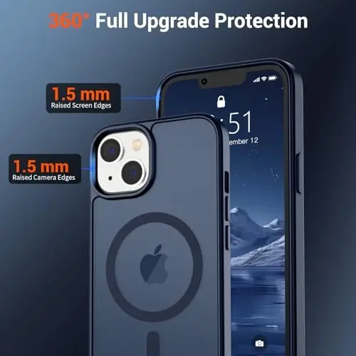 SUPFINE Магнитный чехол для iPhone 14 и iPhone 13 с защитным стеклом (совместим с MagSafe) (Армейская защита от падений) Полупрозрачный матовый ударопрочный чехол для телефона, темно-синий - SUPFINE (1)