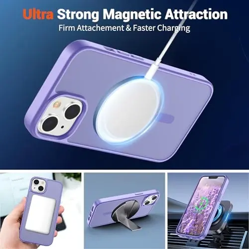 SUPFINE Магнитный чехол для iPhone 14 и iPhone 13 (совместим с MagSafe) (защита от падений военного класса), полупрозрачная матовая ударопрочная накладка, фиолетовый - 5