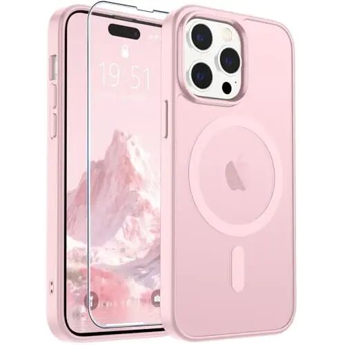 SUPFINE Magnetic for iPhone 14 Pro Max Case (Compatible with MagSafe) (Military Grade Drop Protection) Translucent Matte Shockproof Phone Cover,Light Pink 