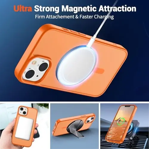 SUPFINE Магнитный чехол для iPhone 15 Plus и iPhone 14 Plus с защитным стеклом (совместим с MagSafe) (защита от падений военного класса), полупрозрачный противоударный чехол, звездный оранжевый - 5