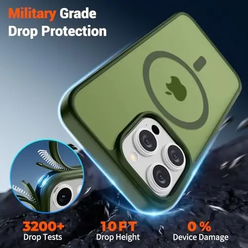 SUPFINE Магнитный чехол для iPhone 15 Pro (совместим с MagSafe) (защита от падений военного класса), полупрозрачный матовый ударопрочный чехол с защитой от отпечатков пальцев, цвет Cangling Green - 4