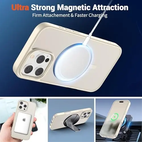 SUPFINE Магнитный чехол для iPhone 16 Pro (совместим с MagSafe) (защита от падений военного класса) Полупрозрачный матовый ударопрочный чехол с защитой от отпечатков пальцев, античный белый - 4