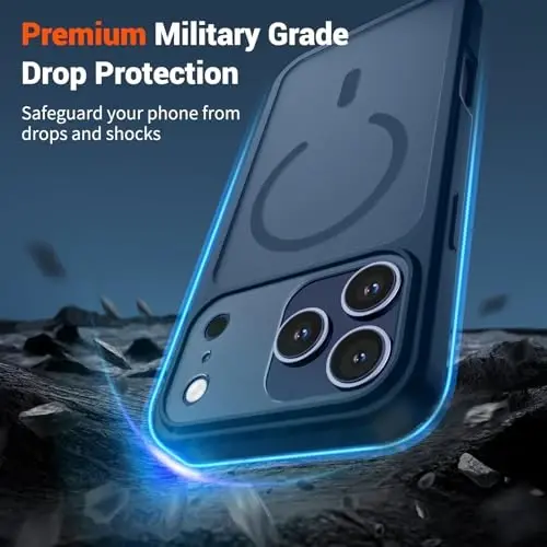 SUPFINE Магнитный чехол для iPhone 17 Pro Max (совместим с MagSafe) (Армейская защита от падений) (Защита камеры) Полупрозрачный матовый противоударный чехол для телефона 2025, Глубокий синий - 3