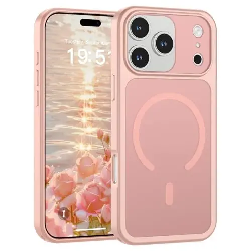 SUPFINE Магнитный чехол для iPhone 17 Pro Max (совместим с MagSafe) (армейская защита от падений) (защита камеры), полупрозрачный матовый противоударный чехол для телефона, розовый - 1