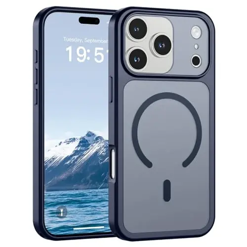 SUPFINE Магнитный чехол для iPhone 17 Pro (совместим с MagSafe) (Армейская защита от падений) (Защита камеры) Полупрозрачный матовый противоударный чехол для телефона, темно-синий 