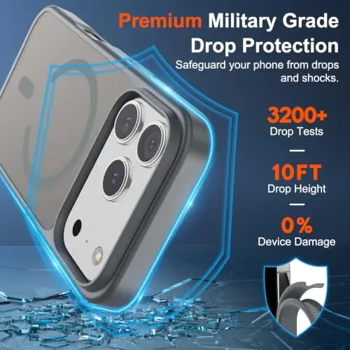 SUPFINE Магнитный чехол для iPhone 17 Pro (совместим с MagSafe) (Армейский класс защиты от падений) Полупрозрачный матовый противоударный чехол с защитой от отпечатков пальцев, серый - 2