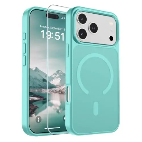 SUPFINE Магнитный чехол для iPhone 17 Pro (совместим с MagSafe) (Армейский класс защиты от падений) Полупрозрачный матовый противоударный чехол с защитой от отпечатков пальцев, сине-зеленый - 1