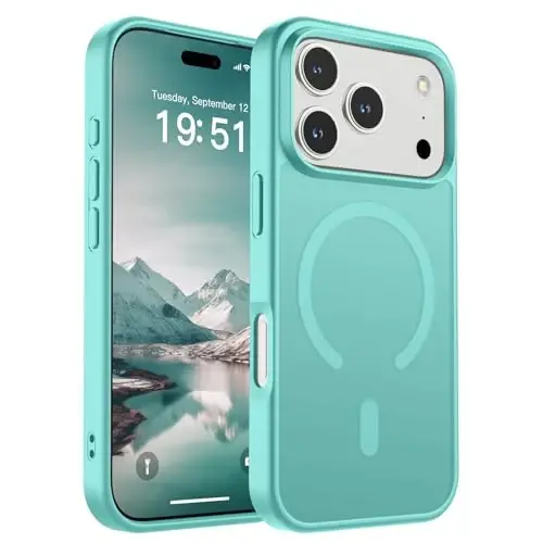 SUPFINE Магнитный чехол для iPhone 17 Pro (совместим с MagSafe) (защита от падений военного класса), полупрозрачный матовый ударопрочный чехол с защитой от отпечатков пальцев, сине-зеленый 