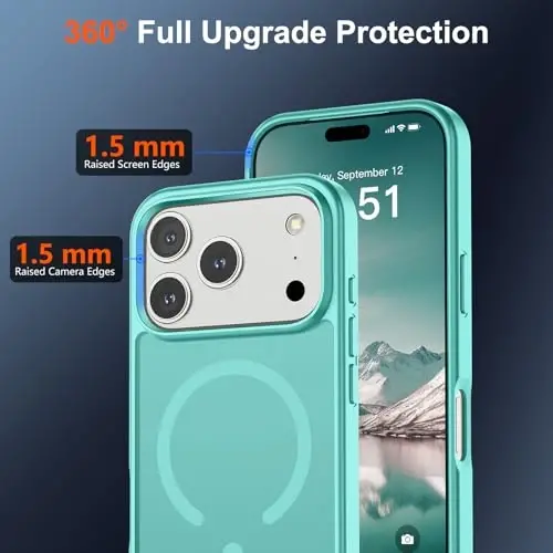 SUPFINE Магнитный чехол для iPhone 17 Pro (совместим с MagSafe) (защита от падений военного класса), полупрозрачный матовый ударопрочный чехол с защитой от отпечатков пальцев, сине-зеленый - 4