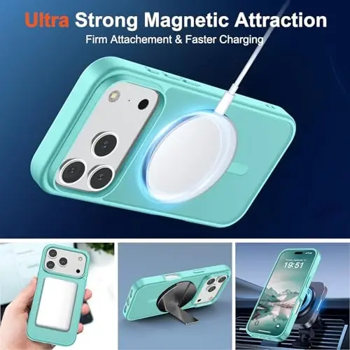 SUPFINE Магнитный чехол для iPhone 17 Pro (совместим с MagSafe) (защита от падений военного класса), полупрозрачный матовый ударопрочный чехол с защитой от отпечатков пальцев, сине-зеленый - 5