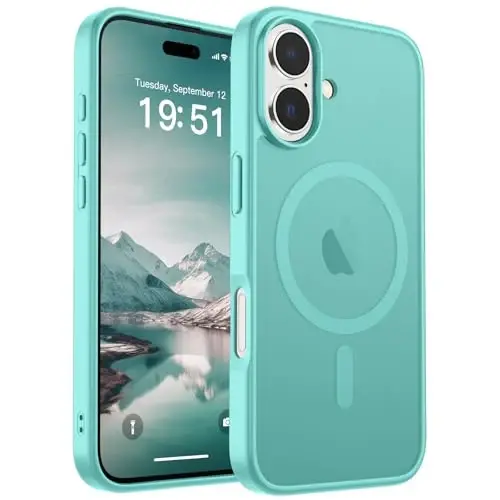 SUPFINE Магнитный чехол для iPhone 17 с защитным стеклом (совместим с MagSafe) (армейская защита от падений) Полупрозрачный матовый противоударный чехол с защитой от отпечатков пальцев, сине-зеленый 