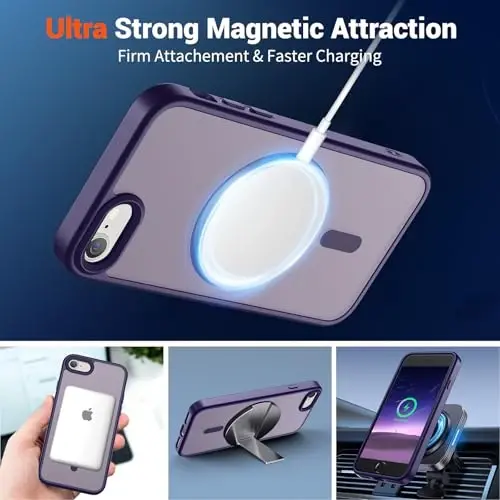 SUPFINE Магнитный чехол для iPhone SE 2022 (3-го)/2020 (2-го), чехол для iPhone 8 (совместим с MagSafe) (военная защита от падений) Тонкий полупрозрачный матовый чехол для телефона, темно-фиолетовый - 5