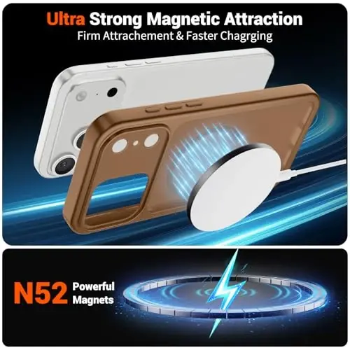 SUPFINE Магнитный для чехла iPhone 17 Pro (Совместим с MagSafe) (Армейская защита от падений) (Защита камеры) Полупрозрачный матовый противоударный чехол для телефона, Коричневый - 5
