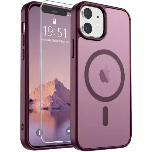 SUPFINE Magnetic for iPhone 12 Mini Case & iPhone 13 Mini Case (Compatible with MagSafe) (Military Grade Drop Protection) Slim Translucent Matte Shockproof Phone Cover,Wine Red - 1
