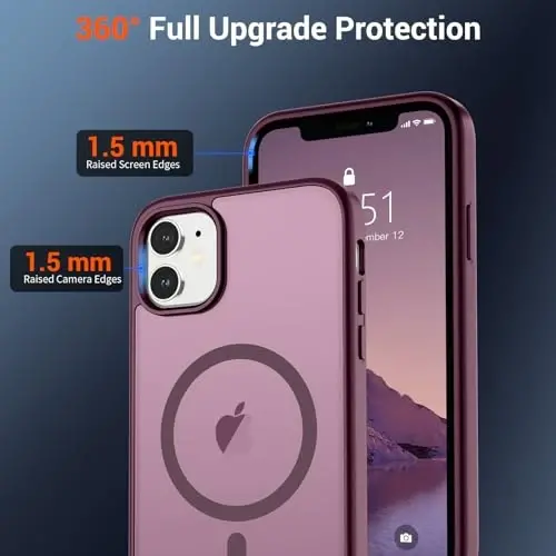 SUPFINE Magnetic for iPhone 12 Mini Case & iPhone 13 Mini Case (Compatible with MagSafe) (Military Grade Drop Protection) Slim Translucent Matte Shockproof Phone Cover,Wine Red - 4