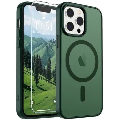 SUPFINE Magnetic for iPhone 13 Pro Case Forest Green | With Screen Protector, Translucent Matte, Compatible with MagSafe, Military Grade Drop Proof, Rugged Shockproof Protective 
