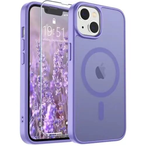 SUPFINE Magnetic for iPhone 13 Case/iPhone 14 Case Purple | With Screen Protector, Translucent Matte, Compatible with MagSafe, Military Grade Drop Proof, Rugged Shockproof Protective 