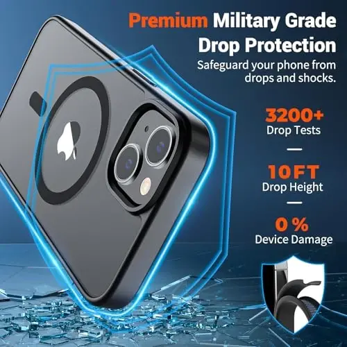 SUPFINE Magnetic for iPhone 15 Plus Case & iPhone 14 Plus Case(Compatible with MagSafe)(10 FT Military Grade Drop Protection) Slim Translucent Shockproof with Anti-Fingerprint Phone Case,Black - 2