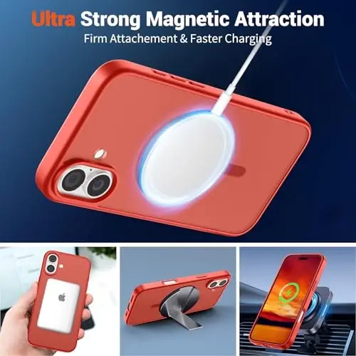 SUPFINE Magnetic for iPhone 16 Case (Compatible with MagSafe) (Military Grade Drop Protection) Slim Translucent Matte Shockproof Phone Cover,Red - 5