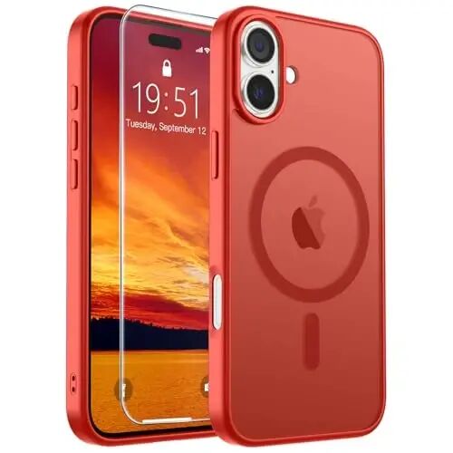SUPFINE Magnetic for iPhone 16 Case (Compatible with MagSafe) (Military Grade Drop Protection) Slim Translucent Matte Shockproof Phone Cover,Red 
