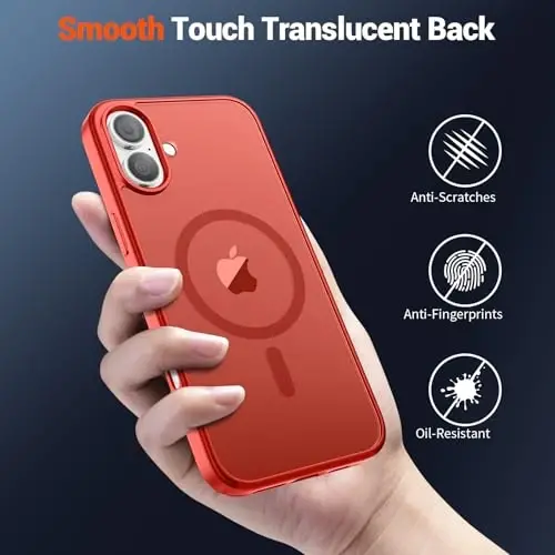 SUPFINE Magnetic for iPhone 16 Case (Compatible with MagSafe) (Military Grade Drop Protection) Slim Translucent Matte Shockproof Phone Cover,Red - 6