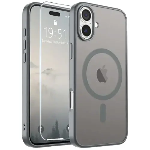 SUPFINE Magnetic for iPhone 16 Case Gray | With Screen Protector, Translucent Matte, Compatible with MagSafe, Military Grade Drop Proof, Rugged Shockproof Protective - 1