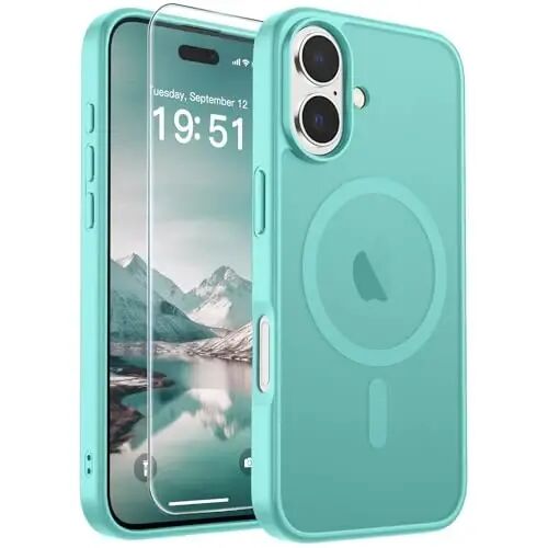 SUPFINE Magnetic for iPhone 17 Case Blue Green with Screen Protector | Translucent Matte Phone Cover, Compatible with MagSafe, Military Grade Drop Proof, Rugged Shockproof Protective 