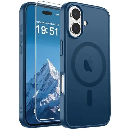 SUPFINE Magnetic for iPhone 17 Case Deep Blue with Screen Protector | Translucent Matte Phone Cover, Compatible with MagSafe, Military Grade Drop Proof, Rugged Shockproof Protective 