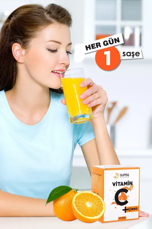 Supra Vitamin C + Sink - Prebiotik Inulin Qo'shilgan Kukun Efervesan Sache - 28 Kunlik Davolash - 3