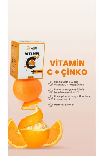Supra Vitamin C + Sink - Prebiotik Inulin Qo'shilgan Kukun Efervesan Sache - 28 Kunlik Davolash - 4