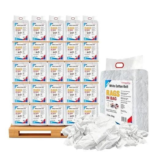 SupremePlus Premium White T-Shirt Cleaning Rags (600 lbs. Pallet 120x5 lbs. Bag) – White Cotton Rags for Cleaning, Staining, Painting, Oil, Grease & Dust Removal – Shop Rags Bulk for Multipurpose use - 1