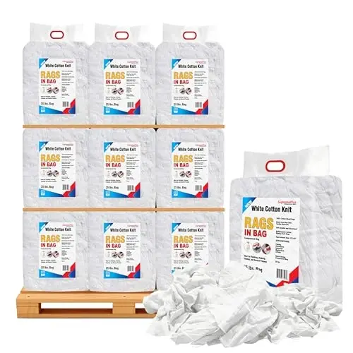 SupremePlus Premium Oq futbolka Tozalash Latta (600 lbs. Palet 24x25 lbs. Latta sumkasi) – Tozalash, dogʻlash, boʻyash, moy, yogʻ va changni tozalash uchun oq paxta latta – Doʻkon lattalari toʻplami - 1