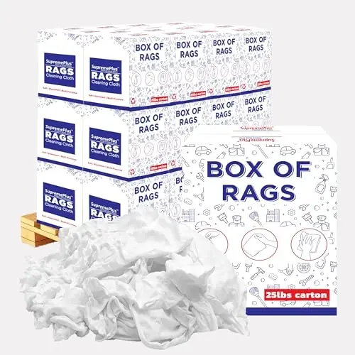SupremePlus Premium Oq Futbolka Tozalash Lattalari (600 lbs. Palet 24x25 lbs. Quti) – Tozalash, Bo'yash, Bo'yoq, Moy, Yog' va Changni Tozalash uchun Oq Paxta Lattalari – Ko'p Maqsadli Foydalanish uchun Do'kon Lattalari 