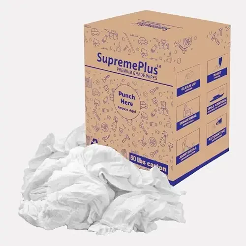 SupremePlus Premium White Knit (50 lbs. Box of Rags) Cotton T-Shirt Cloth Wiping Rags - Shop Cleaning Tshirt Cloths in a Box, Staining & Finishing Rag for Auto, Grease, Paint & Wood - 4