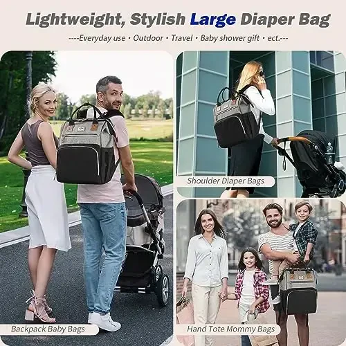 SUPROMOMI Diaper Bag Backpack: Baby Bag Large Tote Diaper bag for Boys and Girls, Men's Diaper Backpack, Women's Shoulder Mommy Bag, 2 Kids Nappy bag for mom and dad Black Grey - 2